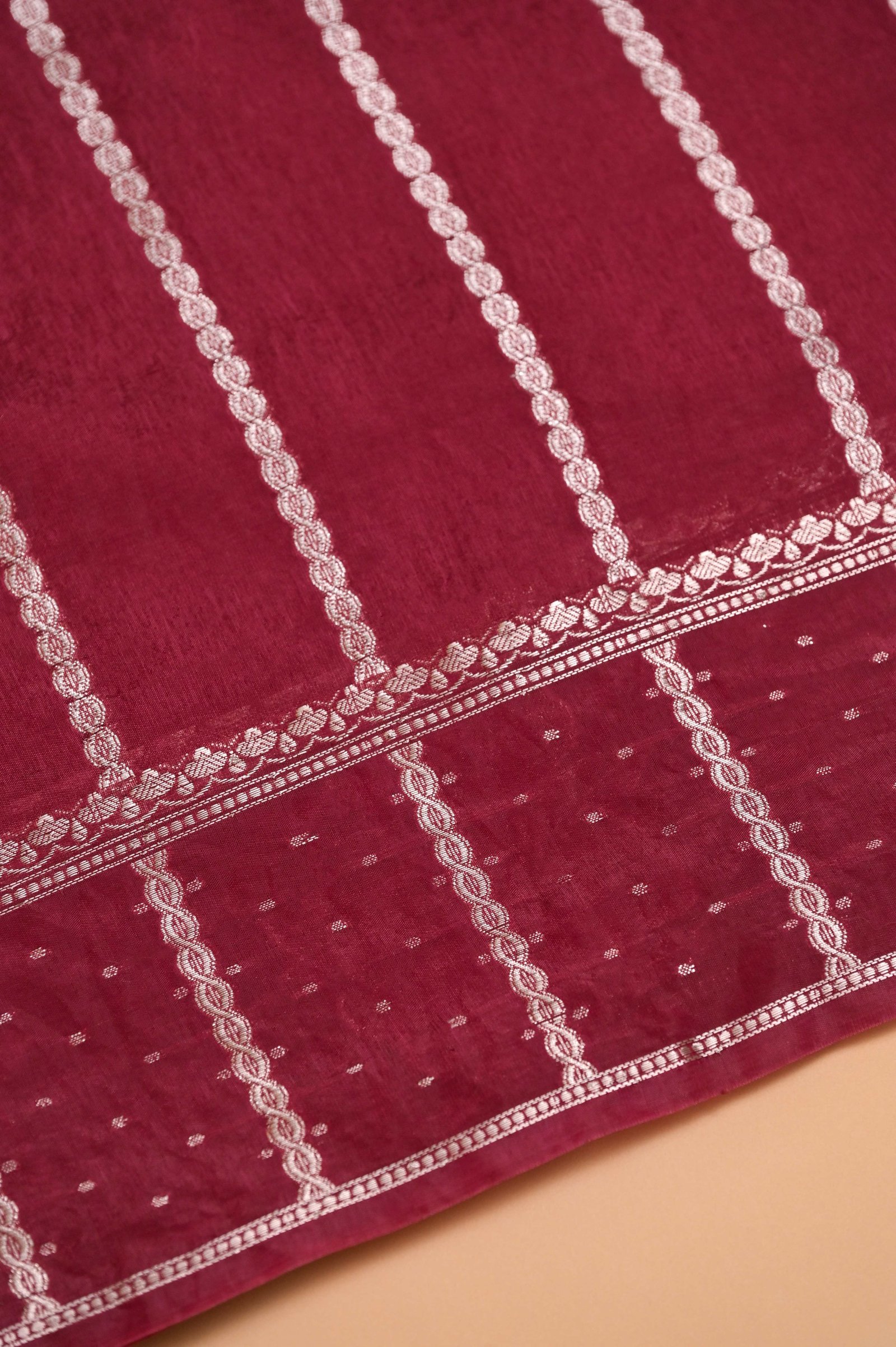 Maroon Tussar Silk Saree with Golden Floral Zari Work